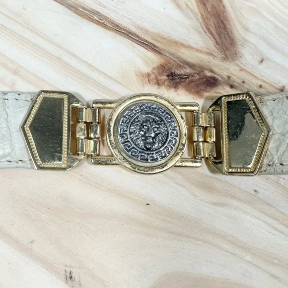 Vintage El General Genuine Caiman Skin Belt Cream Gold Metal Lion Western 40